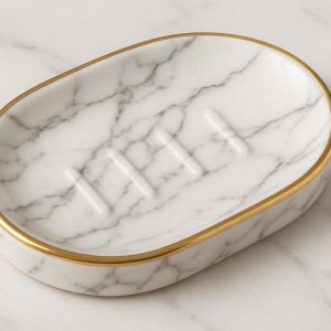 14 Elegant Ceramic Marble Pattern Soap Dish With Gold Trim For Luxury Hotel Style Bathroom Decor