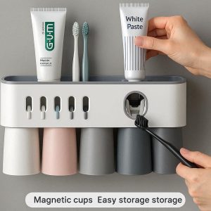 26 Family Size Toothbrush Holder With Automatic Toothpaste Dispenser And Magnetic Cups For Easy Storage